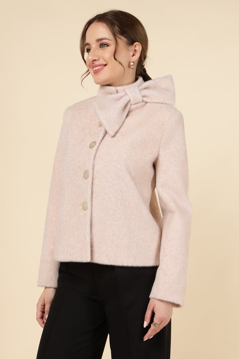 Light Pink High Neck Bow Detail Button-Front Jacket