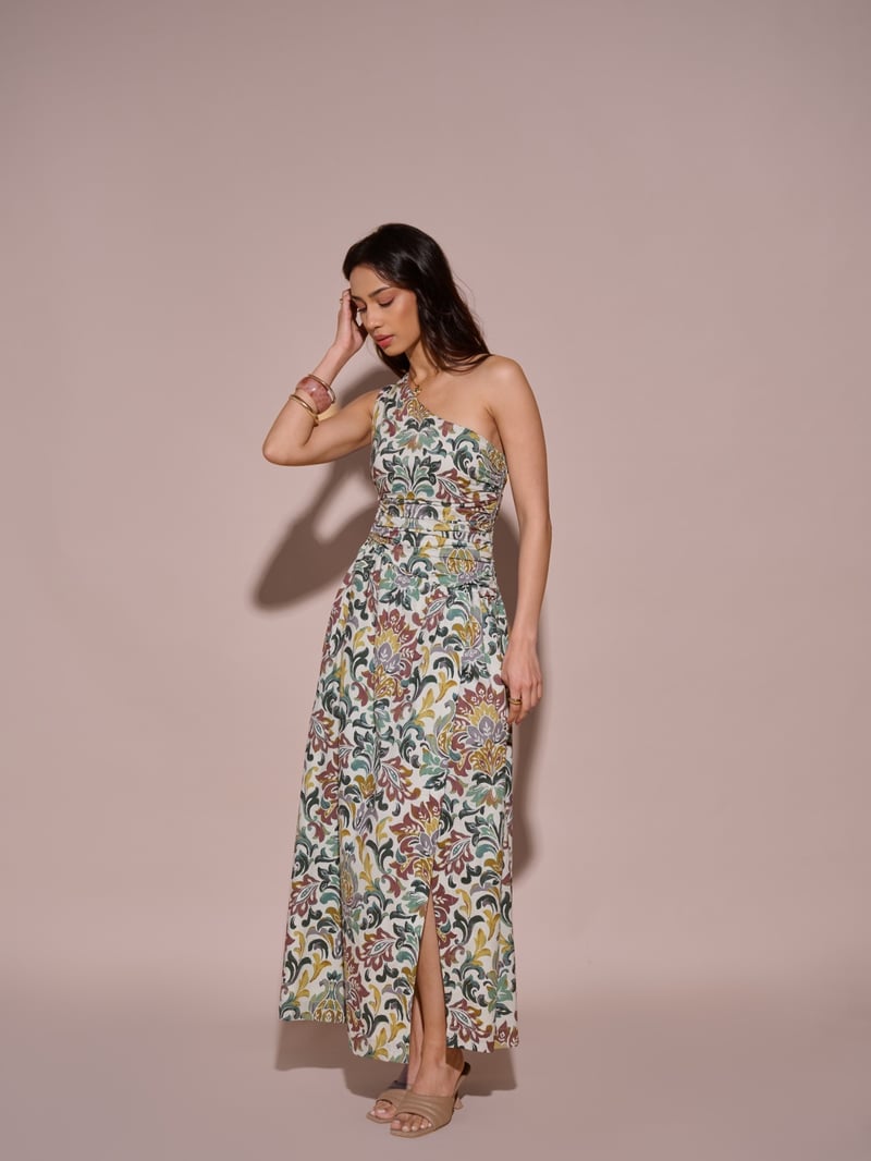 Green One-Shoulder Printed Maxi Dress with Waist Cut-Out