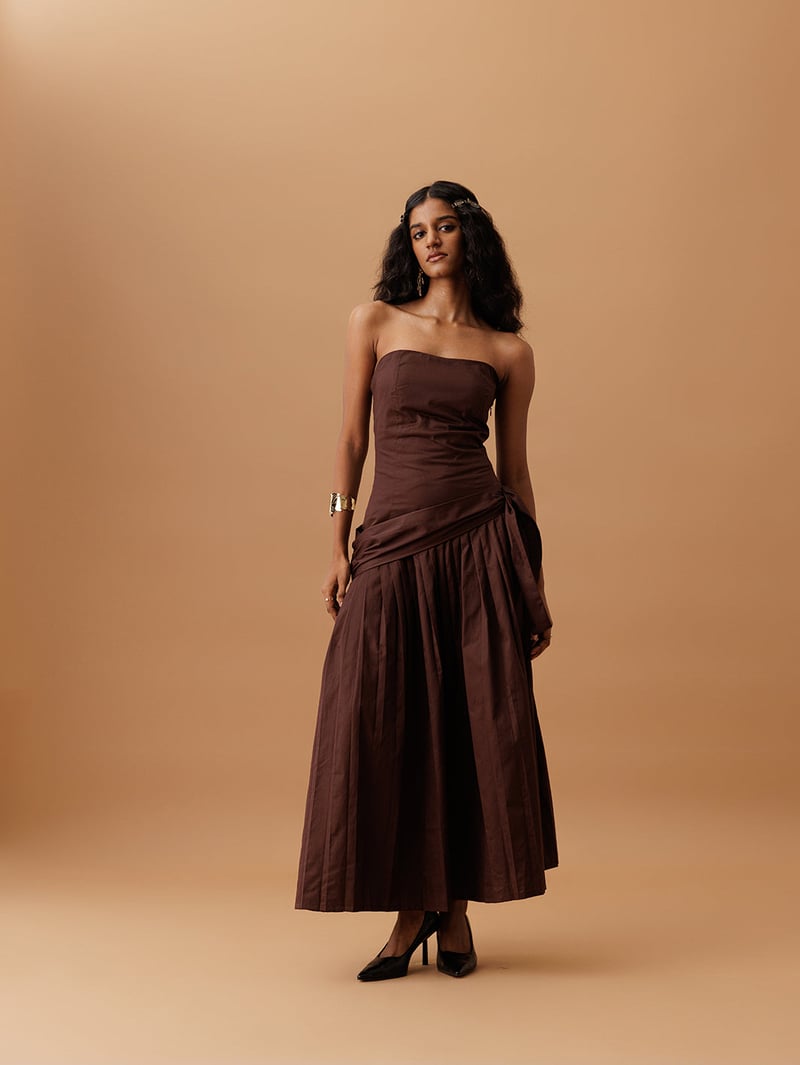 Brown Strapless Pleated Midi Dress with Side-Tie Drape