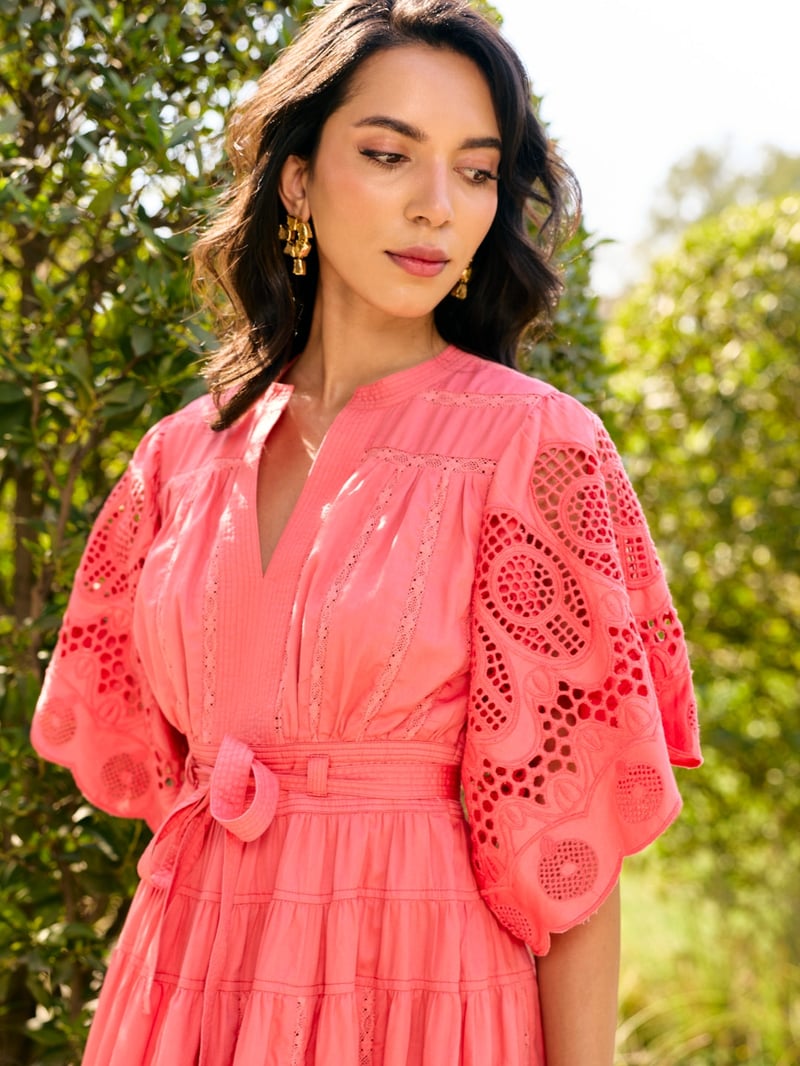 Pink Tiered Midi Dress with Schiffli Sleeves and Belt