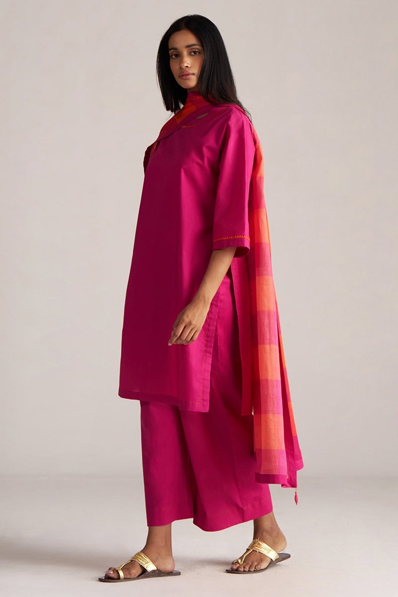 Fuchsia Straight Kurta and Wide-Leg Pants Set with Dupatta