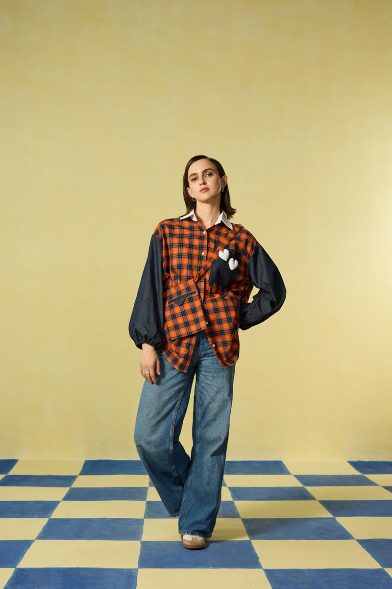 Red and Navy Checked Oversized Shirt with Side Drawstrings