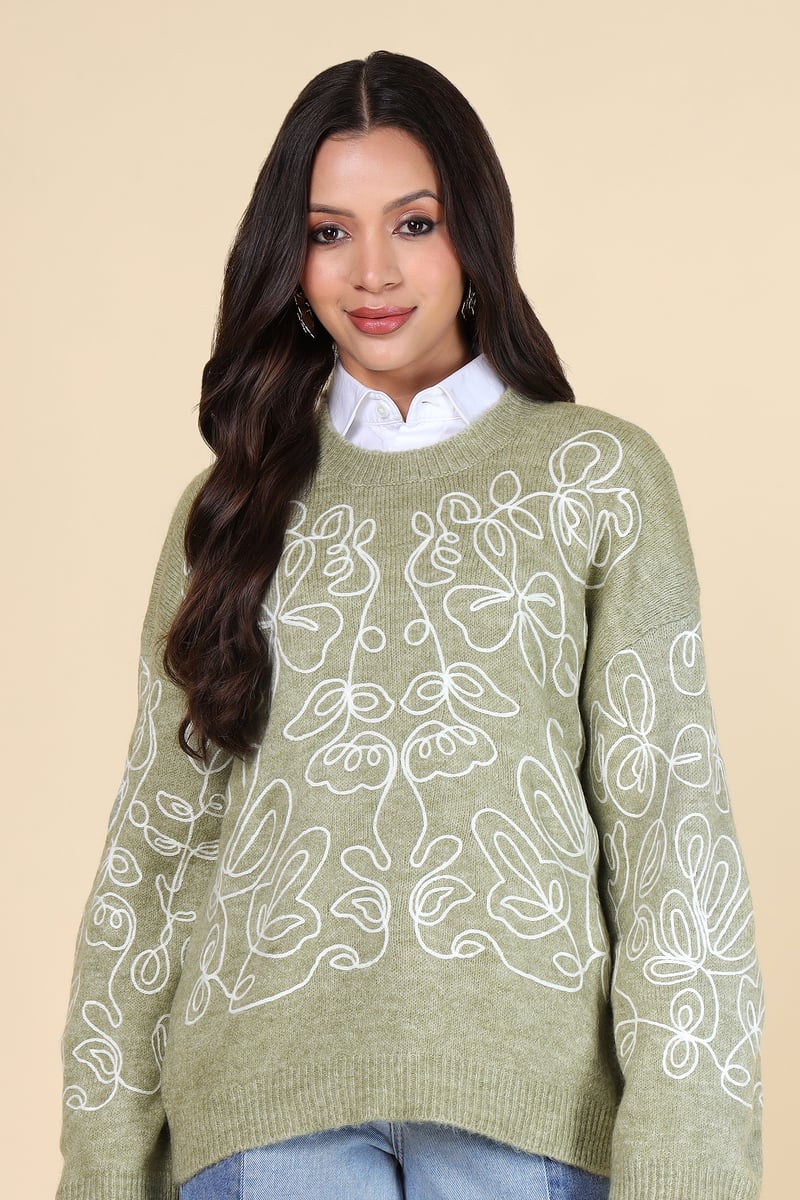 Green Abstract Line-Art Floral Crew Neck Sweater