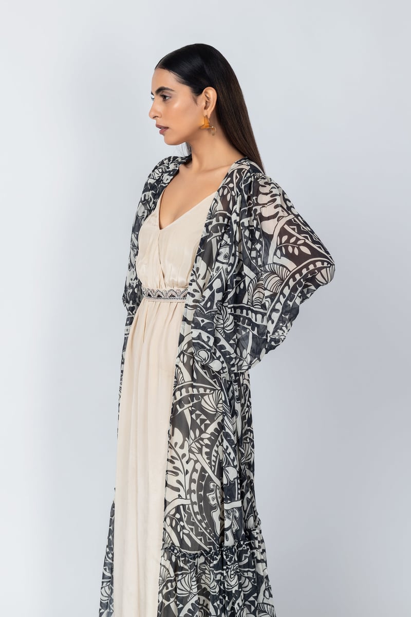 Champagne Jumpsuit with Abstract Printed Long Jacket