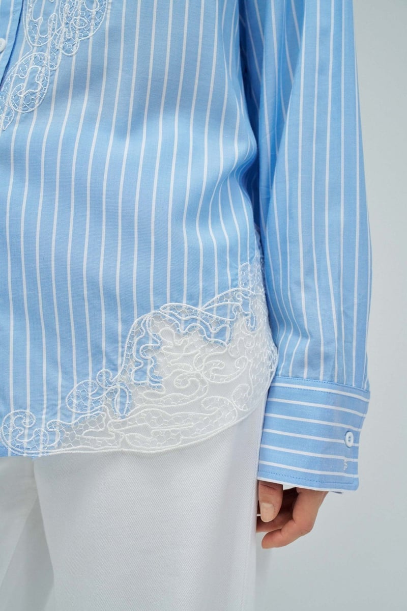 Blue Striped Button-Down Shirt with Lace Detail