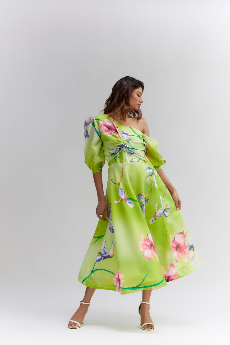 Lime Green Floral Midi One Shoulder Dress