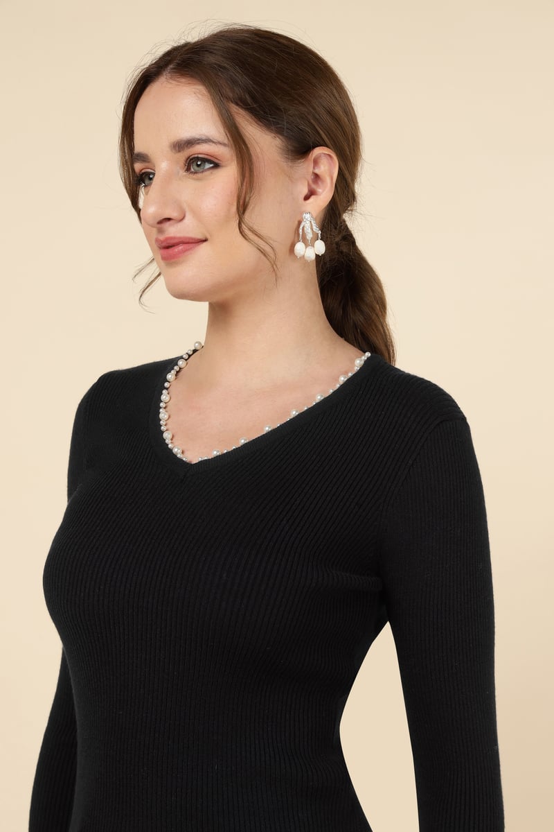 Black Rib-Knit V-Neck Sweater with Pearl Trim