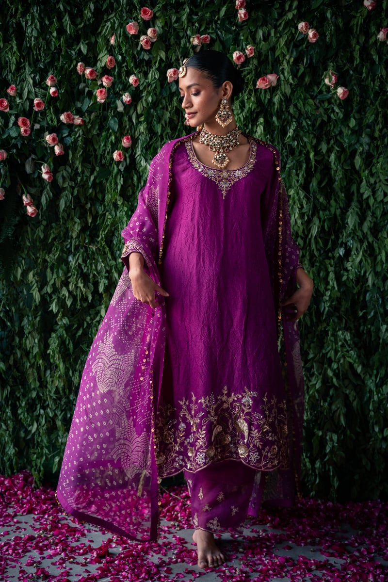 Mauve Crushed Silk Embroidered Kurta Set with Dupatta — Pooja Singhal