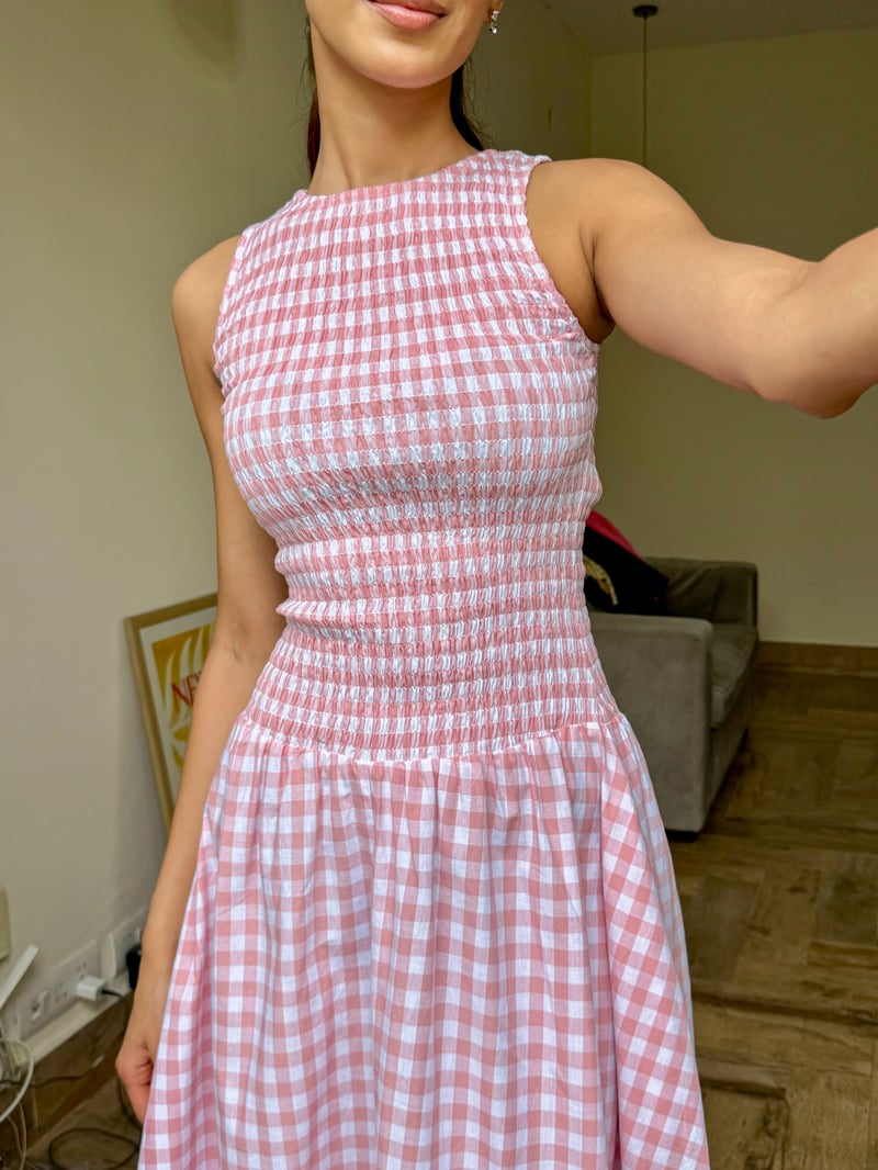 Pink Gingham Smocked Bodice Fit and Flare Maxi Dress