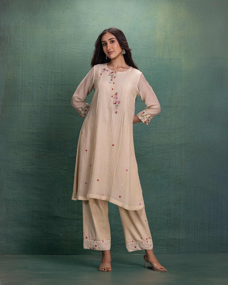 Cream Machine Embroidery Co-Ord Set — Kahani Lush
