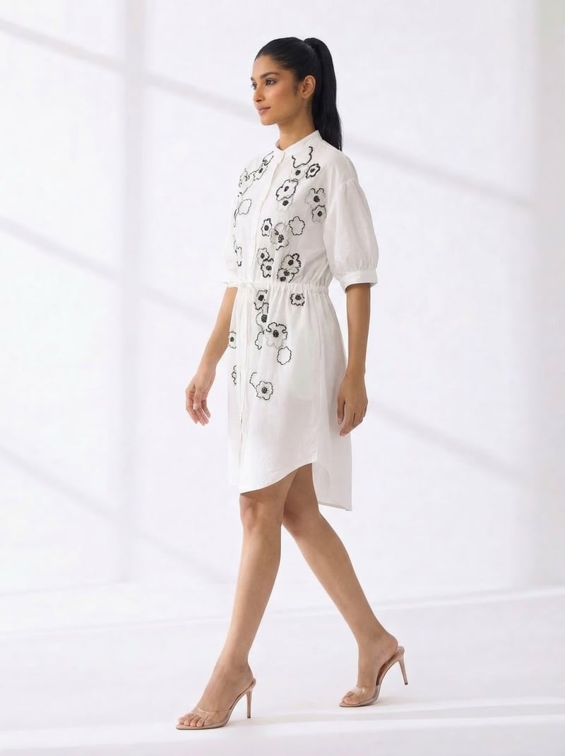 Ivory Cotton Shirt Dress with Black Floral Embroidery