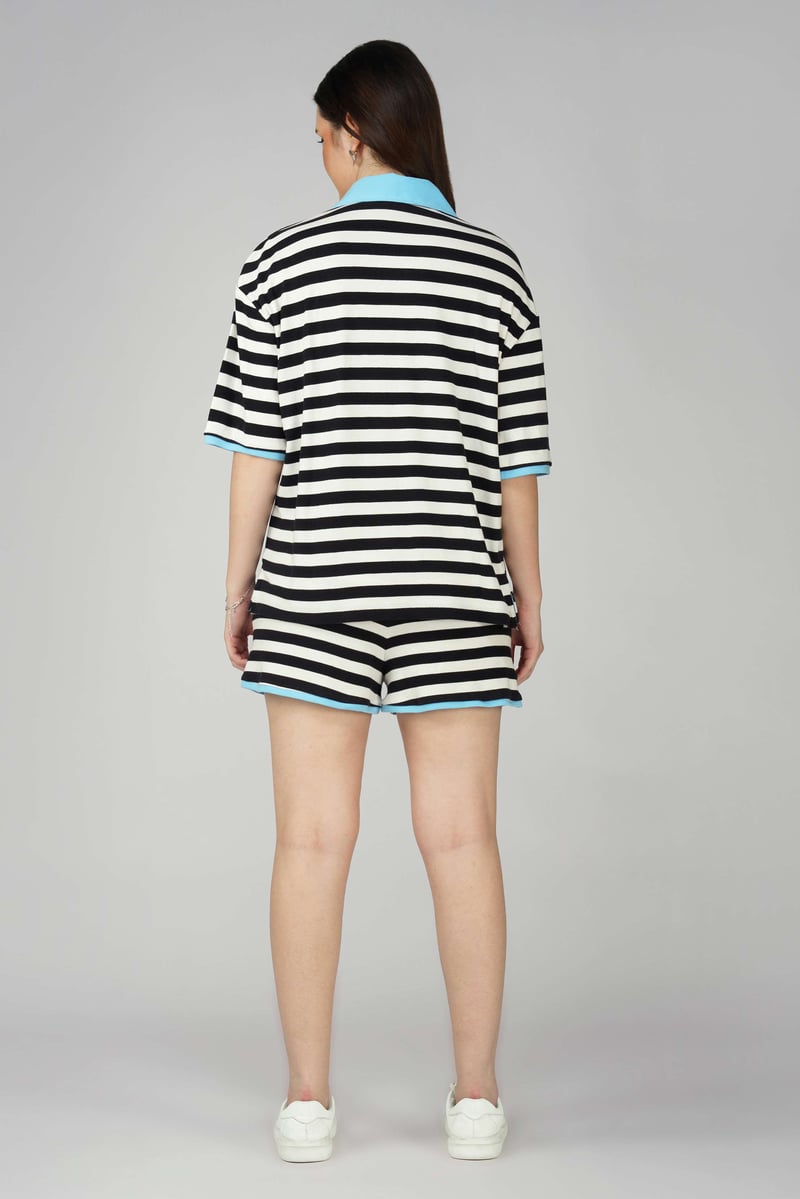 Black and White Striped Ribbed Cotton Lounge Shorts
