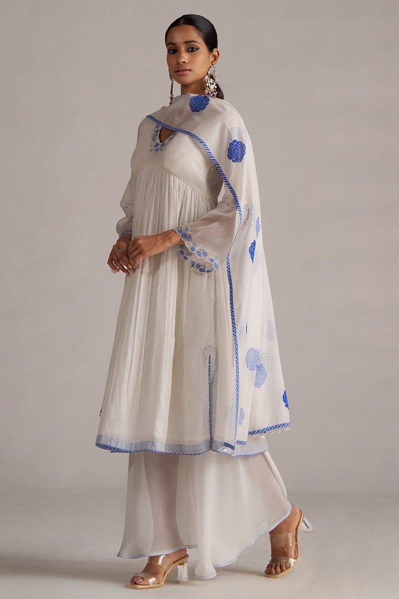 Marshmellow and Cobalt Blue A-Line Chanderi Kurta Set