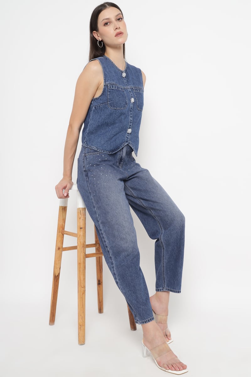Blue Denim Waistcoat with Statement Buttons