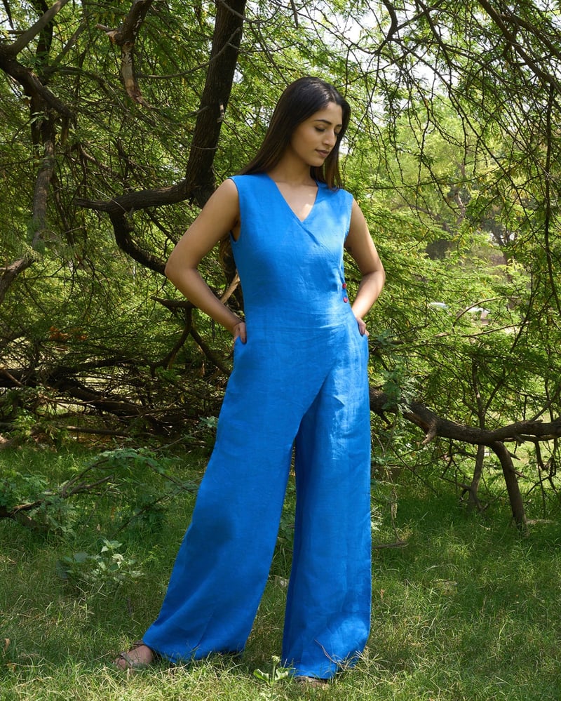 Blue Linen Wrap-Front Wide-Leg Jumpsuit