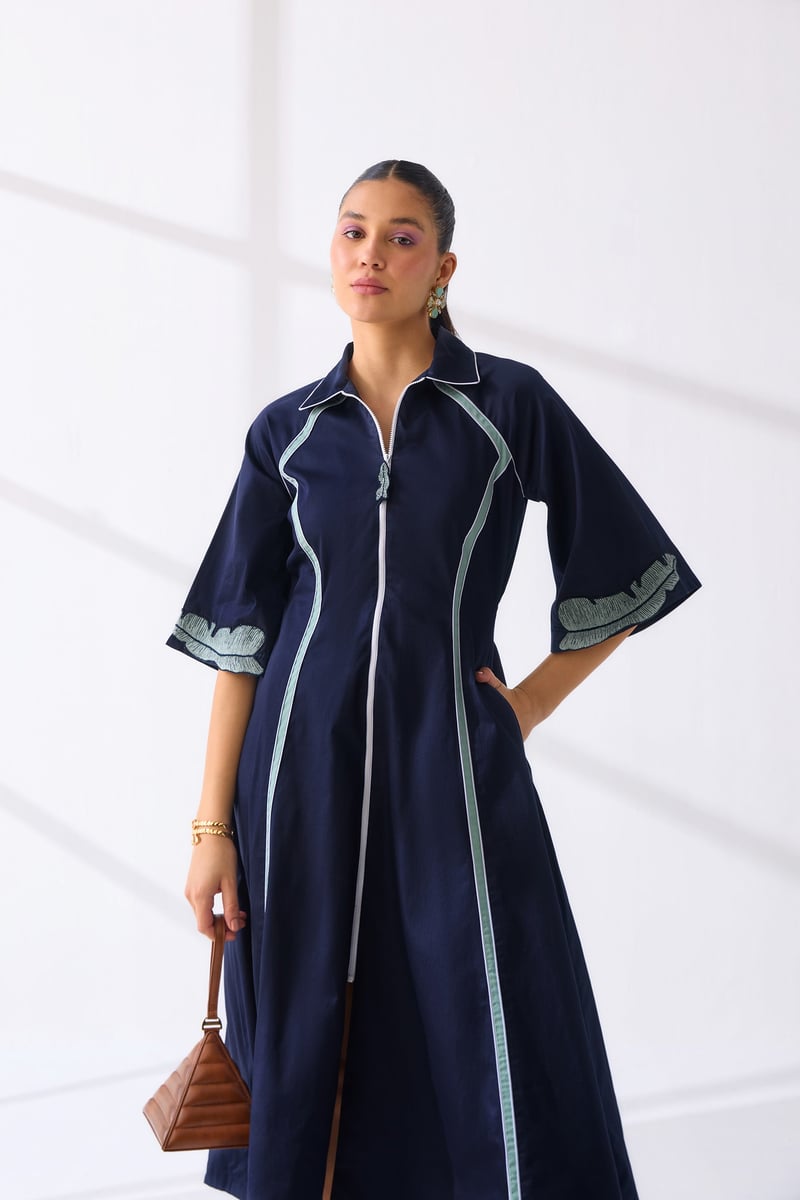 Navy Cotton Satin Zip-Front Fit and Flare Midi Dress