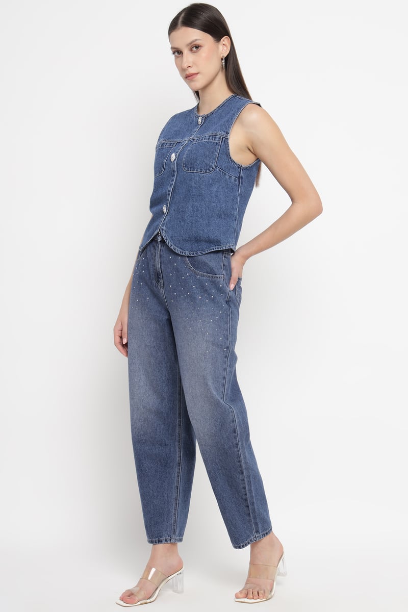 Blue Denim Waistcoat with Statement Buttons