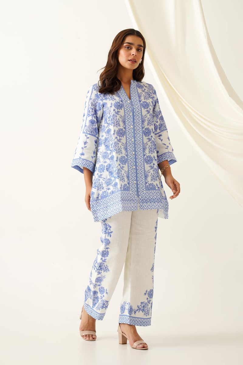 Blue and Cream Floral Printed Linen Co-ord Set