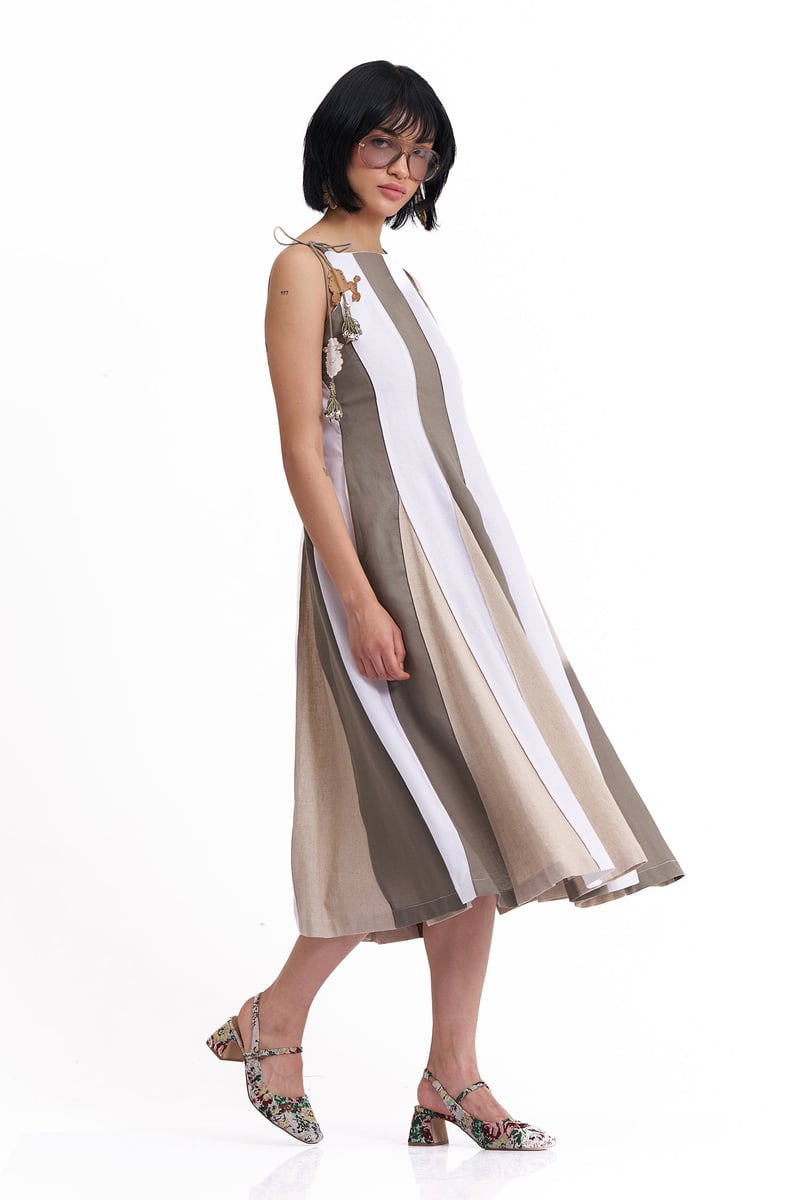 Neutral Colorblock Cotton Linen A-Line Midi Dress