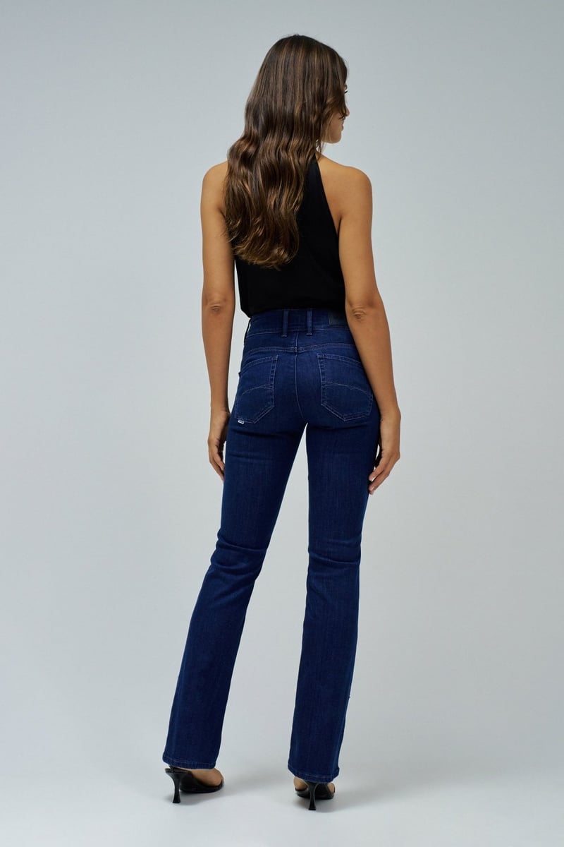 Blue High-Rise Bootcut Jeans with Embellished Hem