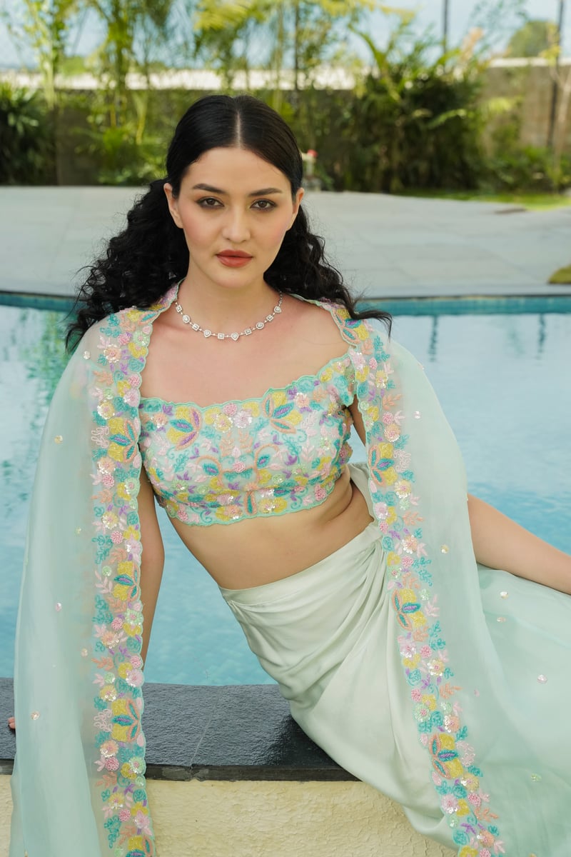Green Off-Shoulder Embroidered Lehenga Set with Dupatta