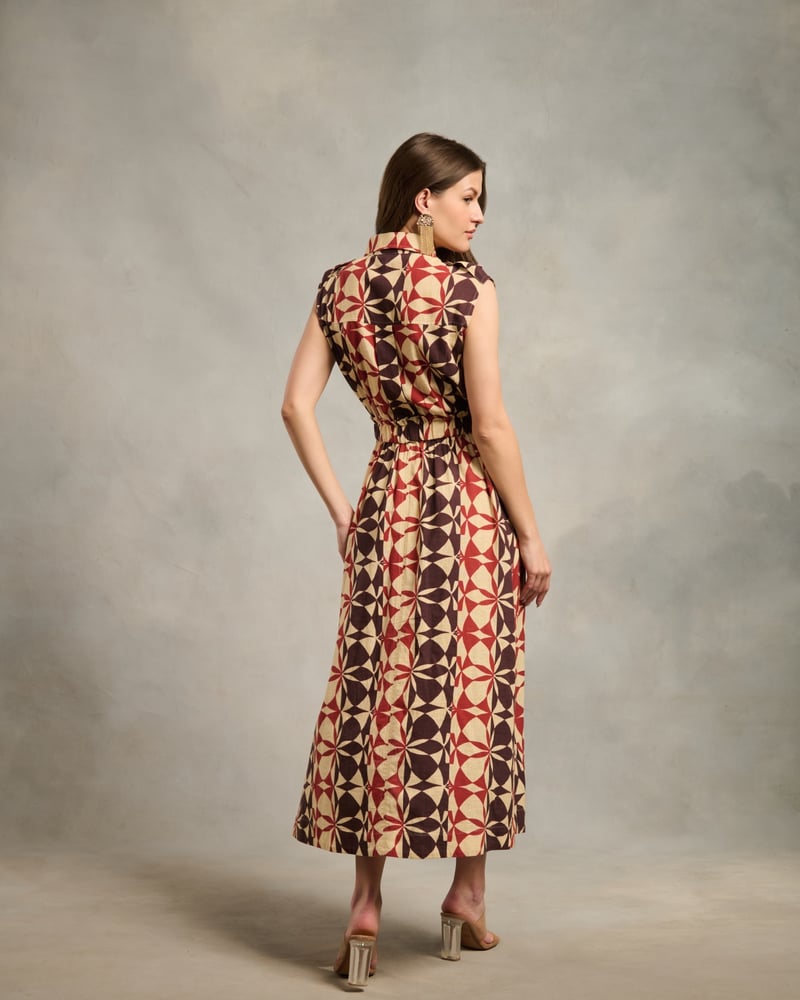 Beige Geometric Printed Sleeveless Shirt Midi Dress