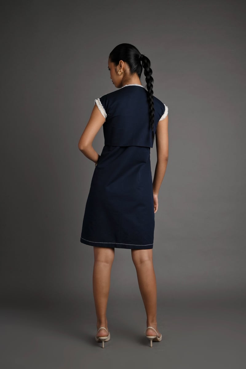 Navy Blue Zip-Front Shift Dress Set with Cropped Overlay