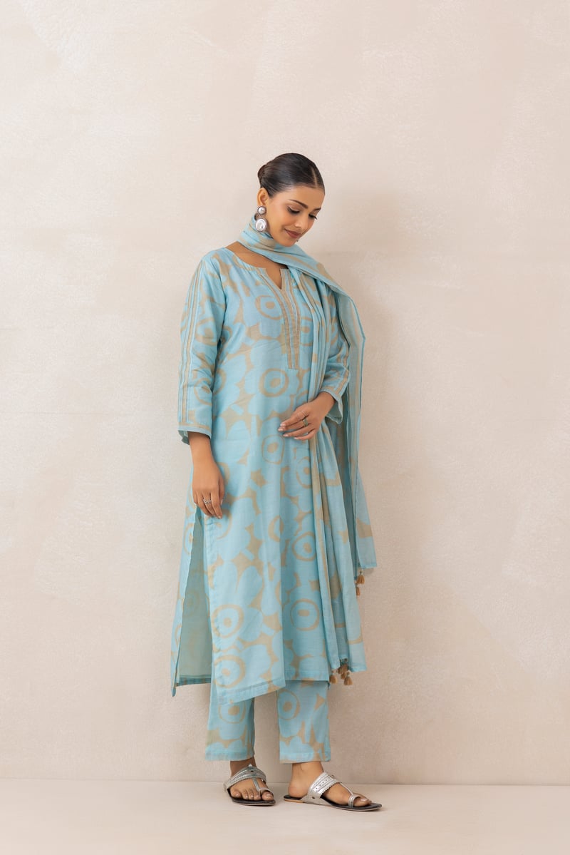 Blue Beige Abstract Printed Chanderi Kurta Set with Dupatta