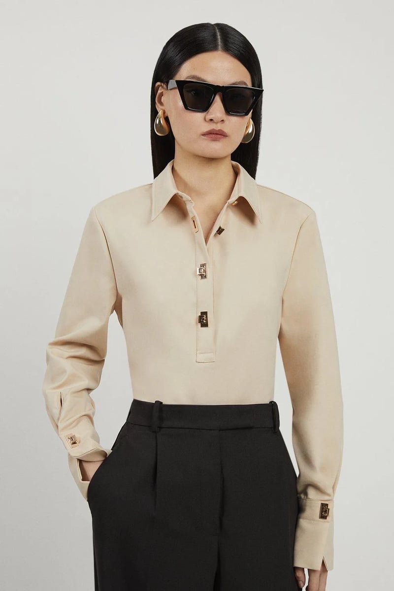 Sand Regular-Fit Collared Shirt with Statement Buttons — KAREN MILLEN
