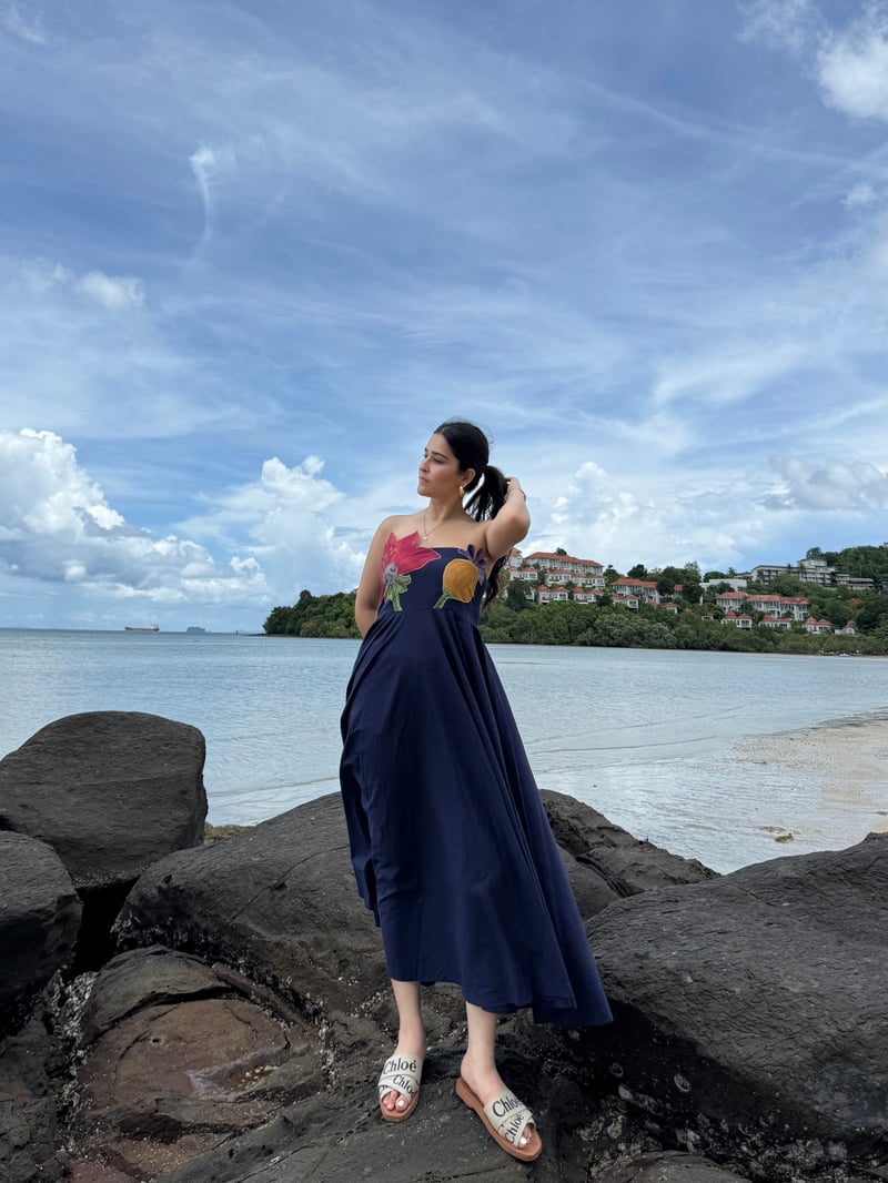Navy Off-Shoulder Cotton Midi Dress with Floral Applique