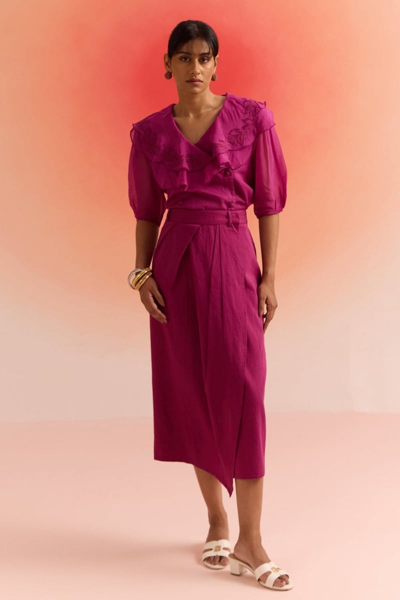 Wine Wrap-Draped Midi Skirt in Cotton Satin