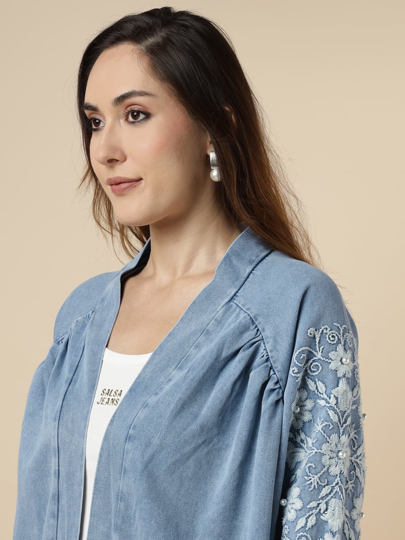 Light Blue Denim-Look Embroidered Longline Jacket