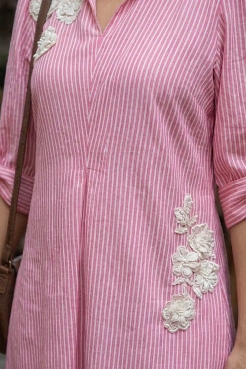 Pink Striped Shirt Midi Dress with Floral Appliqué