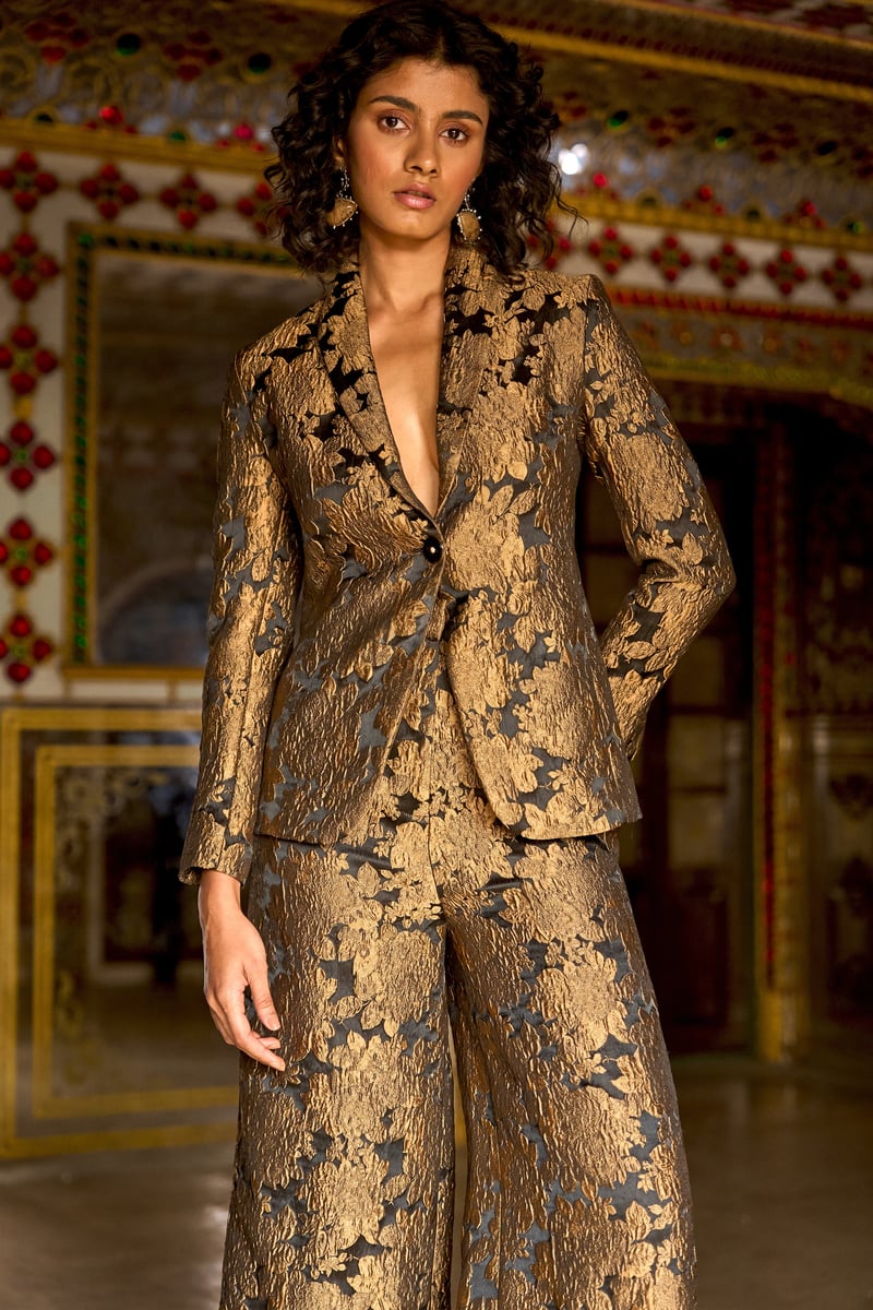 Gold/Black Floral Brocade Tailored Blazer