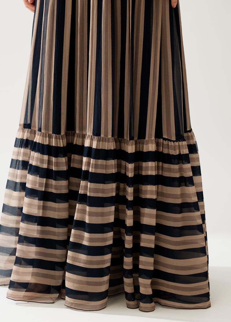 Dark Green And Beige Stripe Long Dress
