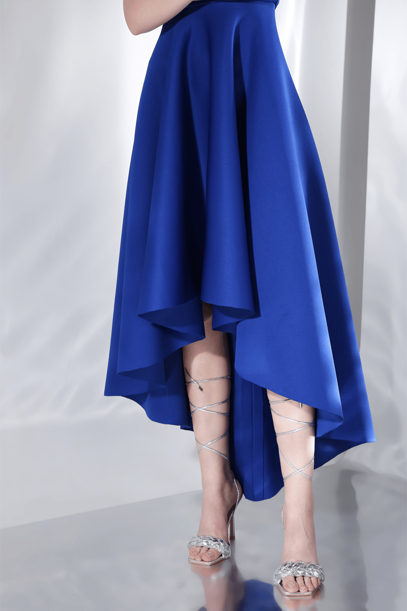 Blue Strapless Fit and Flare High-Low Midi Dress Set