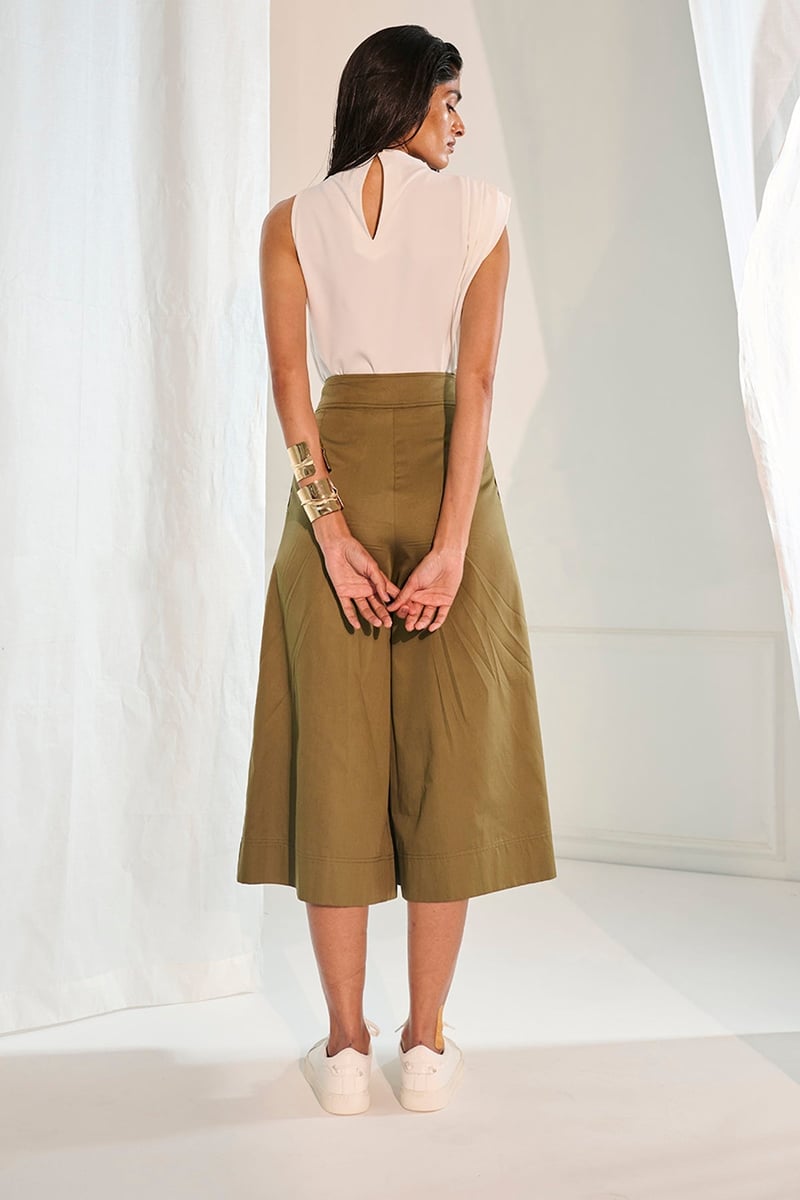 Olive Green High-Rise Pleated Culotte Skirt Pants