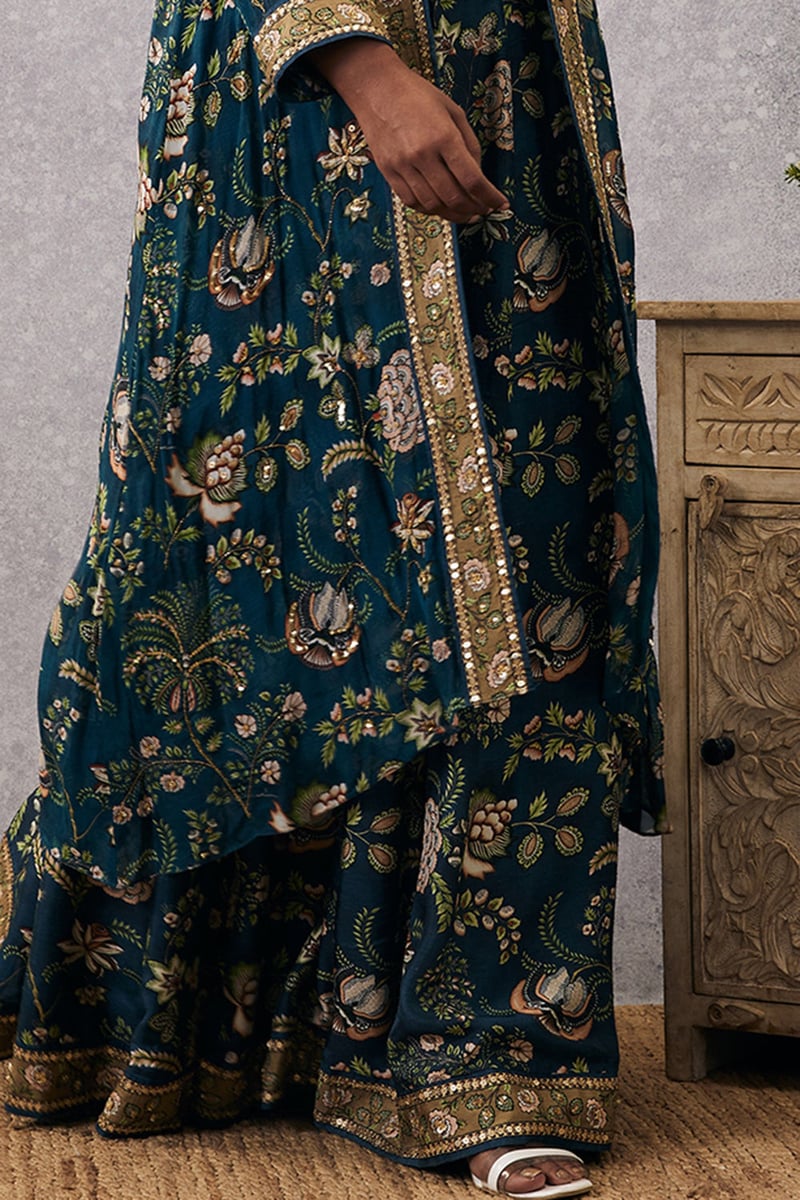 Green Floral Print Lehenga Set with Long Jacket