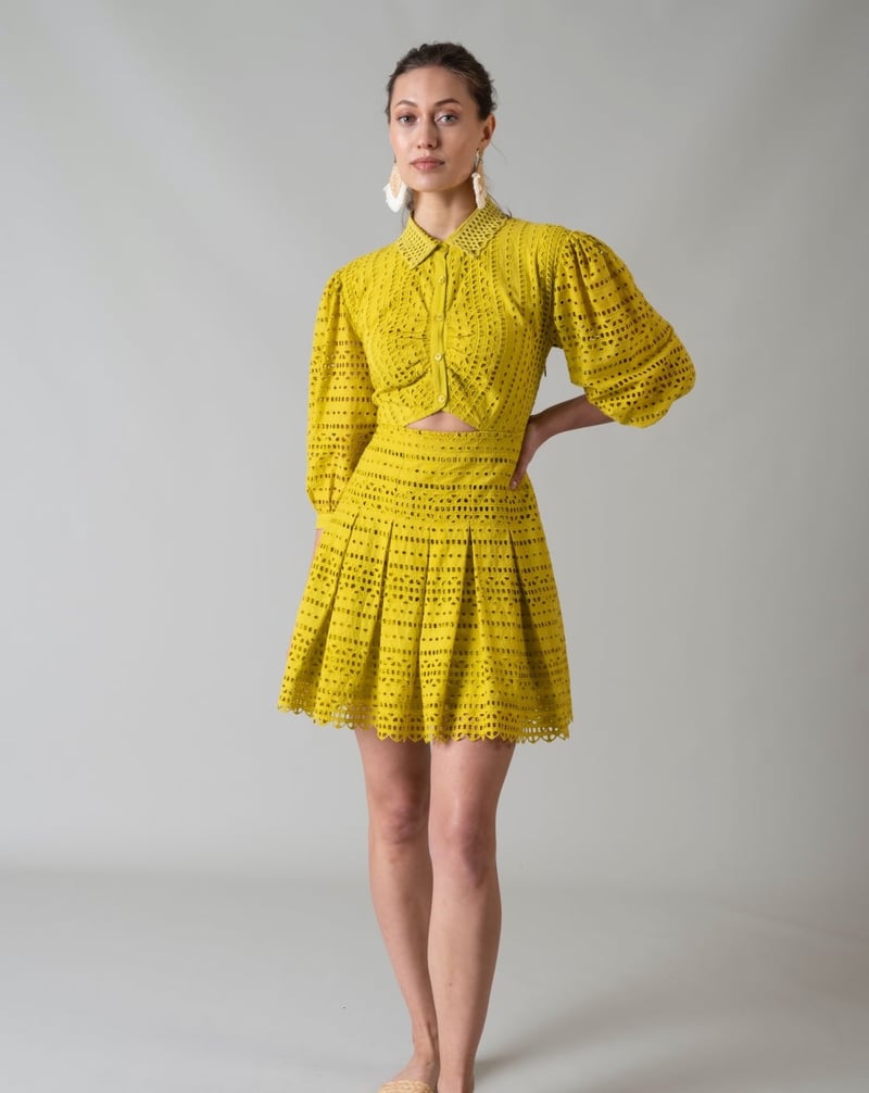 Lime Green Schiffli Cutwork Fit and Flare Mini Dress