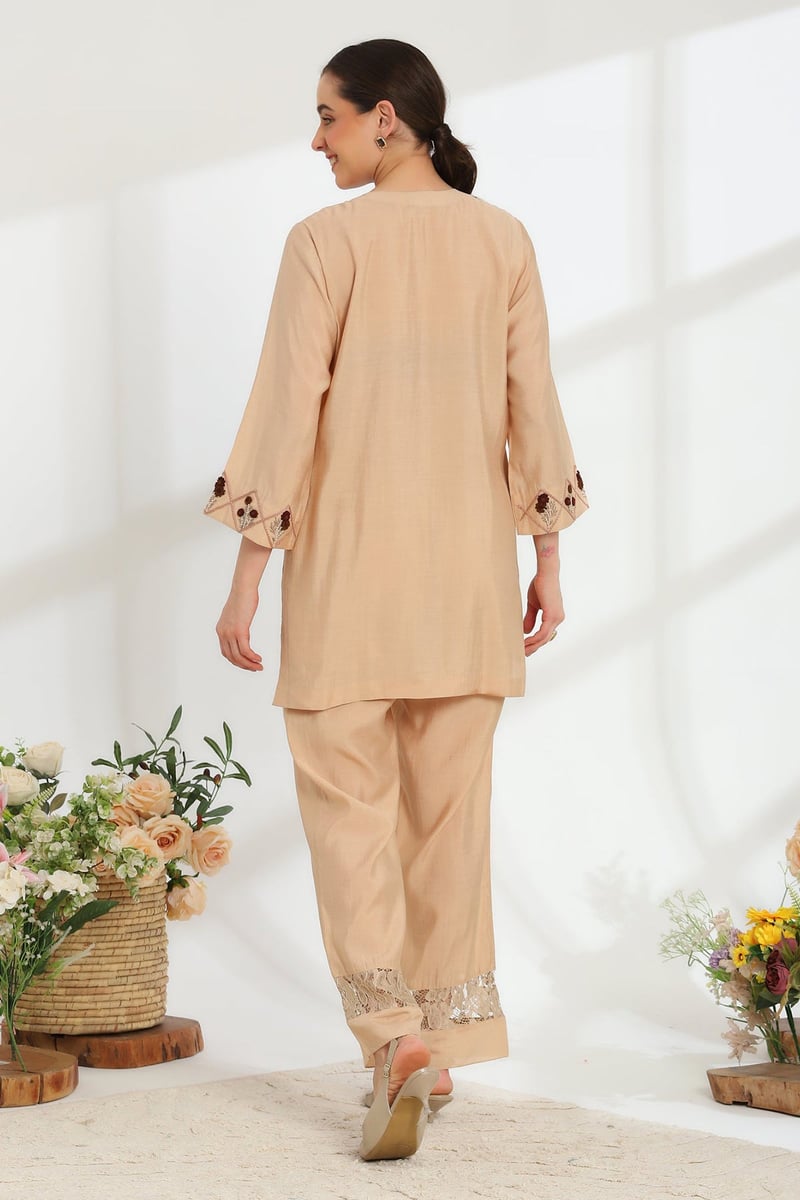 Aure Beige Hand Embroidered French Lace Silk Linen Kurta Set