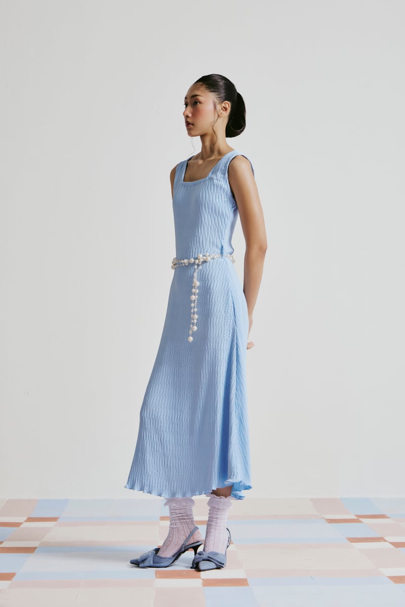 Blue Pintucked Square-Neck A-Line Midi Dress with Pearl Belt