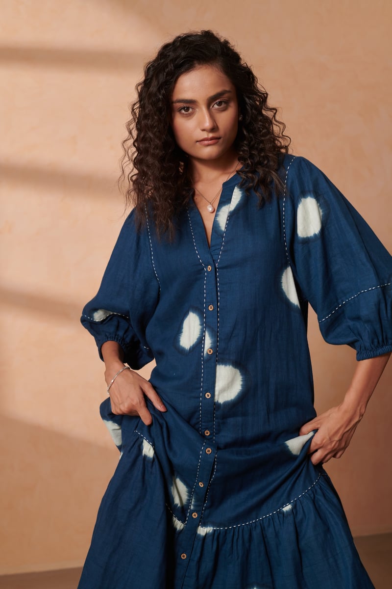 Indigo Dot Midi Shirt Dress in Double Gauze Cotton