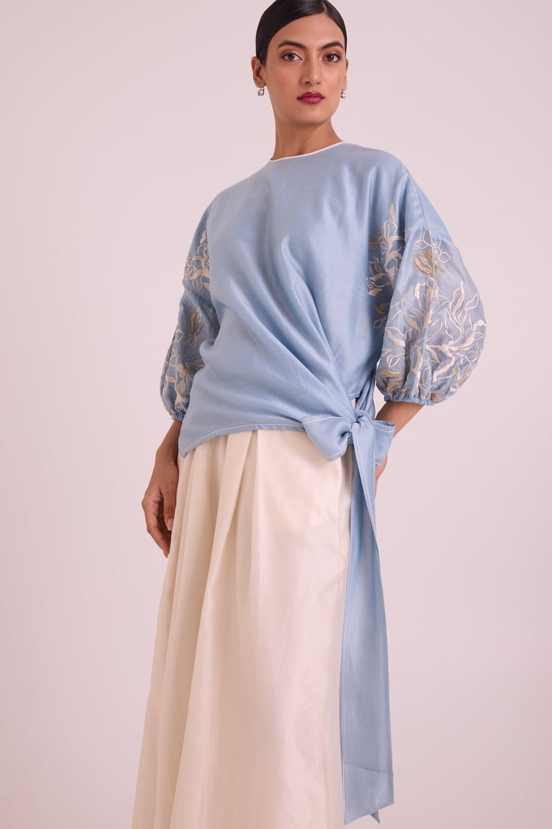 Blue Chanderi Silk Tie-Up Top with Embroidered Sleeves
