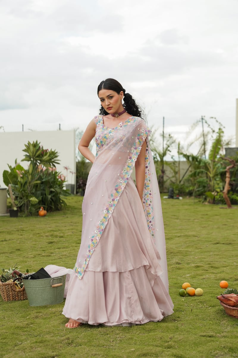 Pink Embroidered Lehenga Set with Tiered Skirt