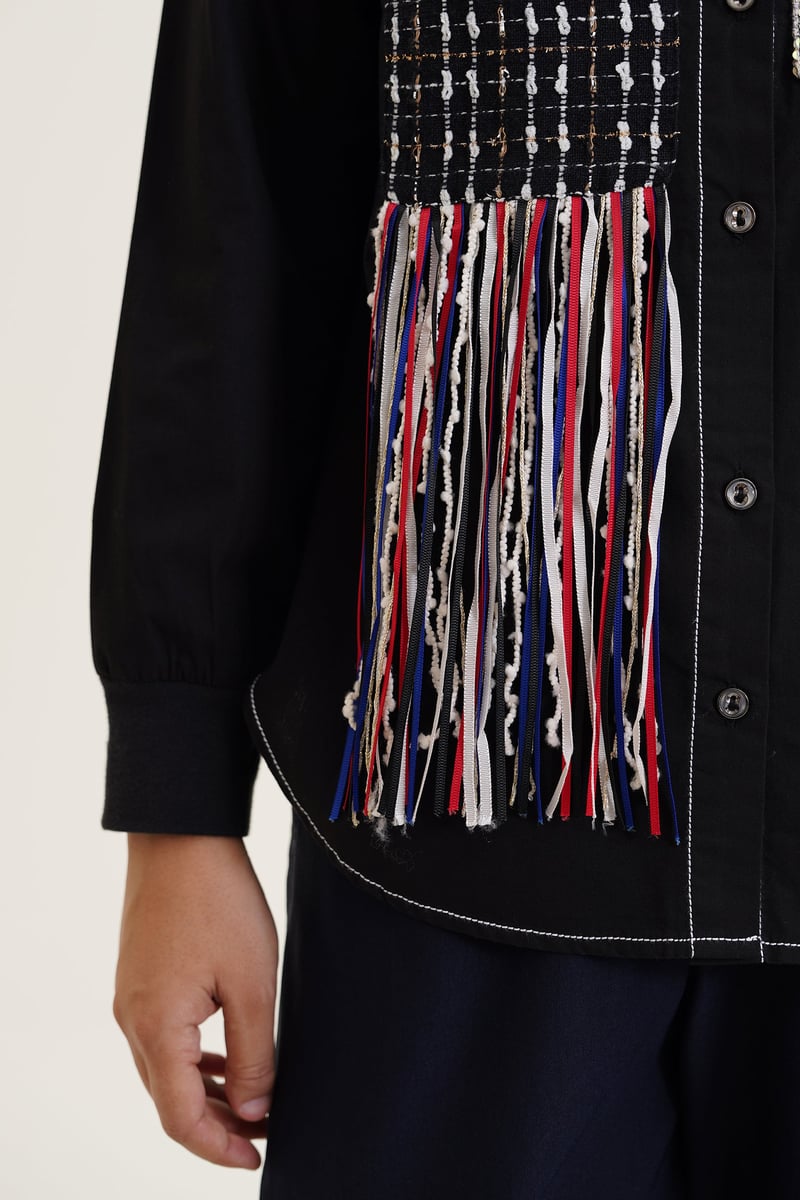 Black Fringe Detail Embellished Button-Down Shirt
