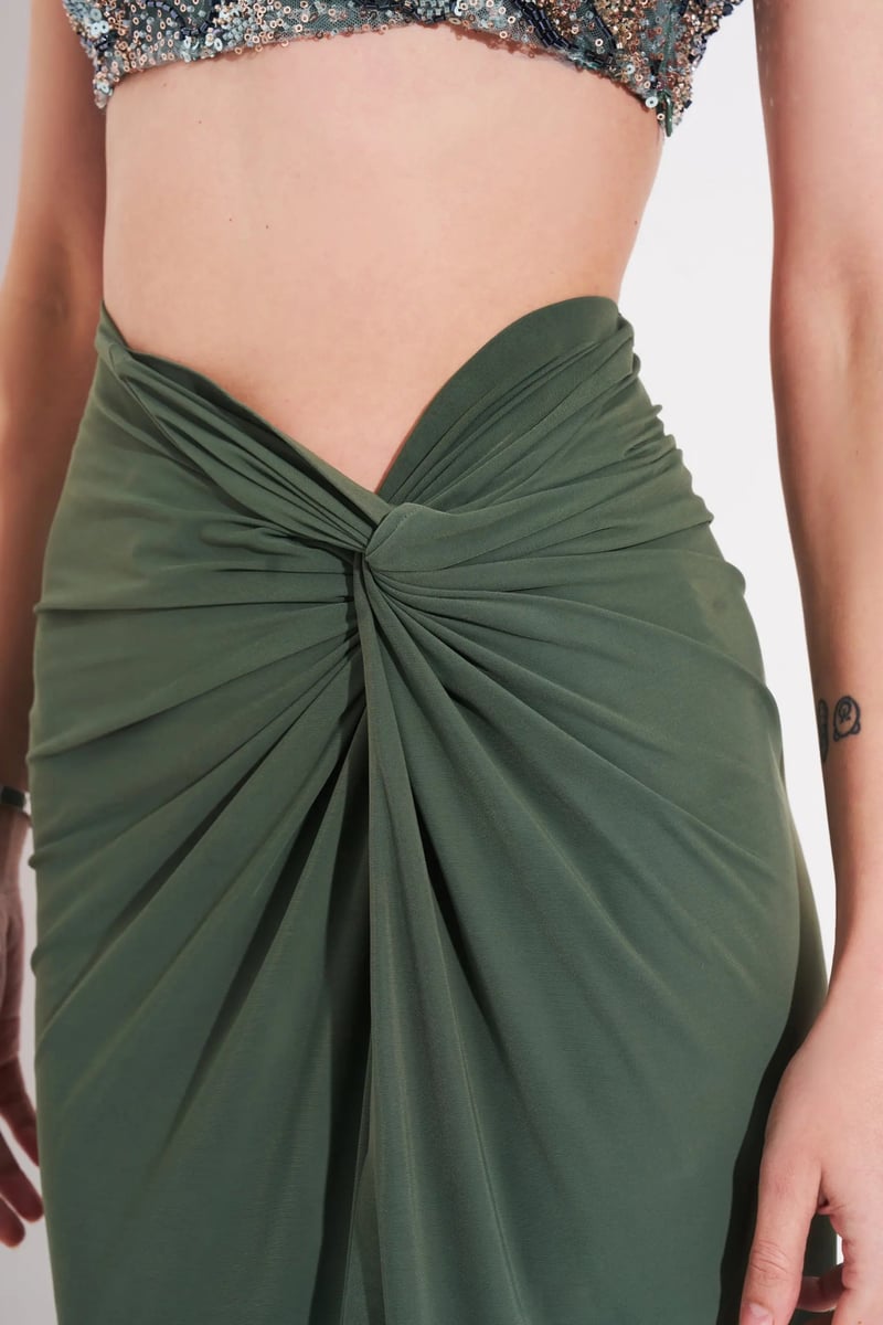 Teal Green Draped Side-Knot Maxi Skirt