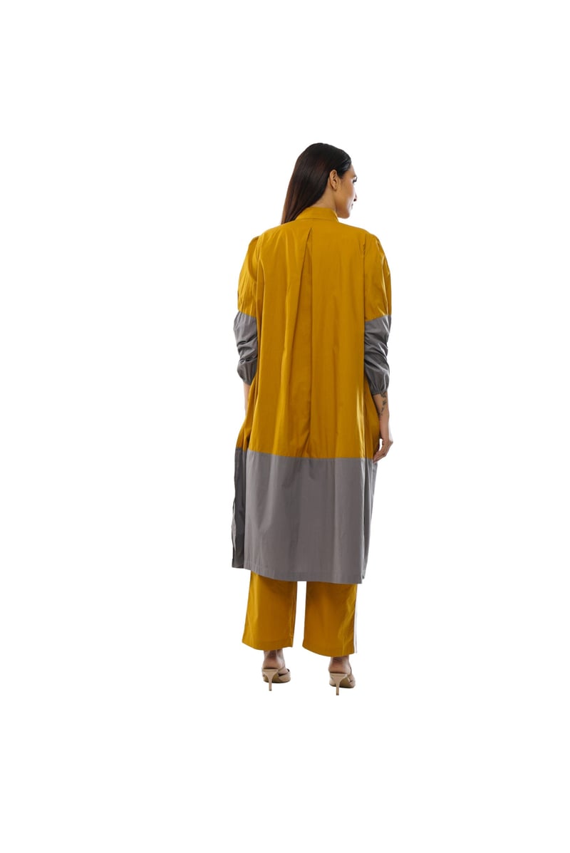 Mustard and Grey Colorblocked Midi Shirt Dress