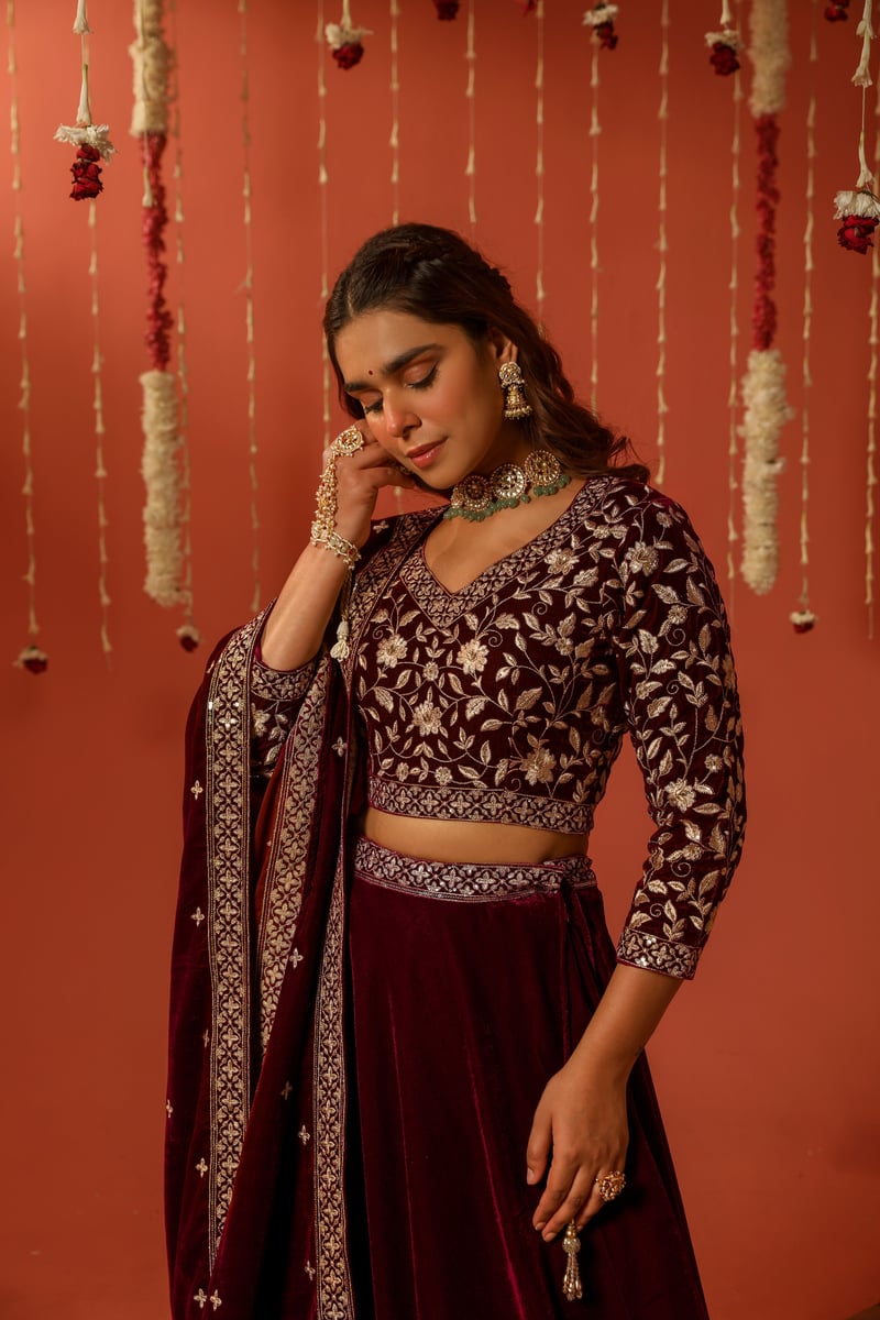 Maroon Velvet Embroidered Lehenga Set With Dupatta