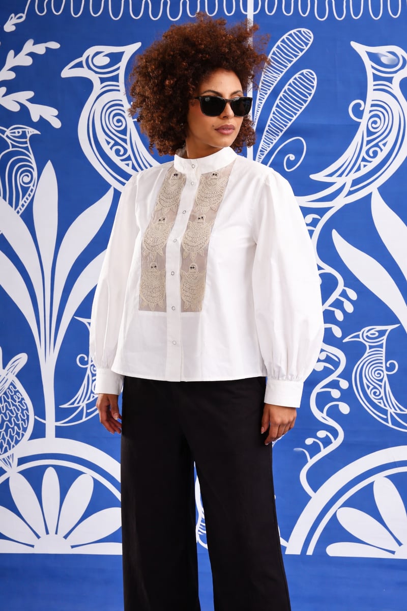 White Mandarin Collar Shirt with Embroidered Front Panels
