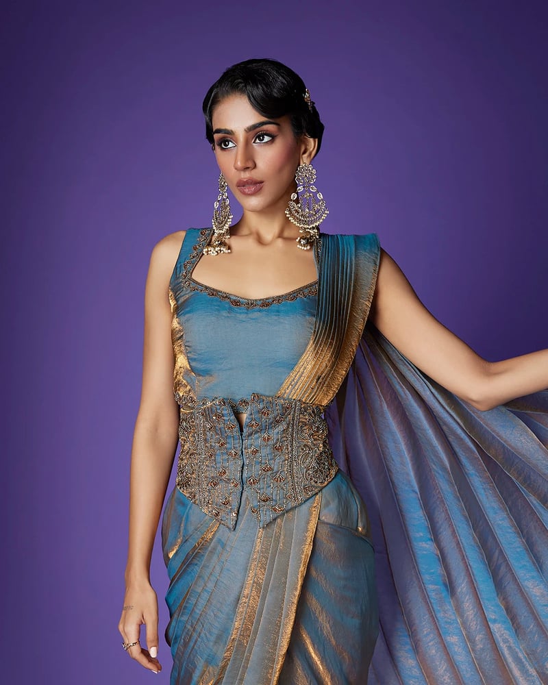Twilight Dusk Shimmer Tissue Saree with Corset Belt